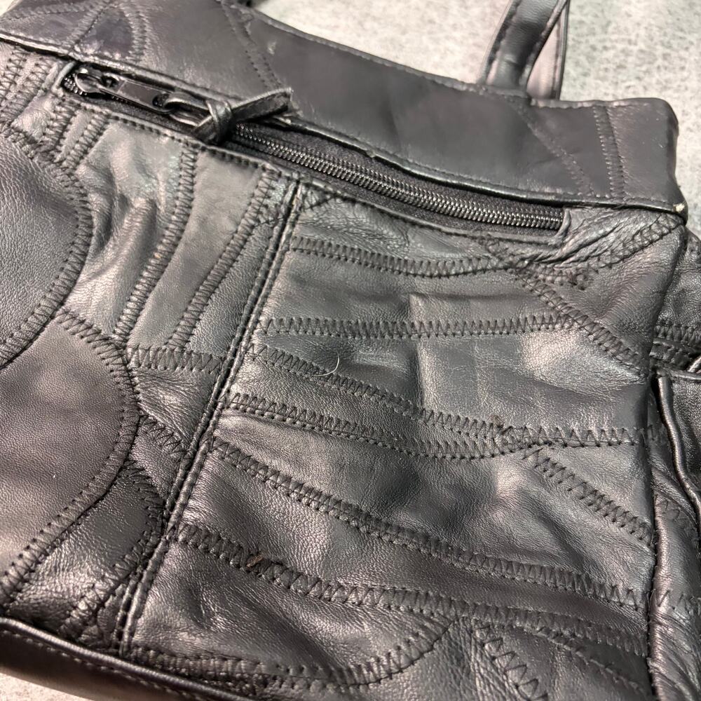 Black Patchwork Embroidered Leather Shoulder Bag - image 2